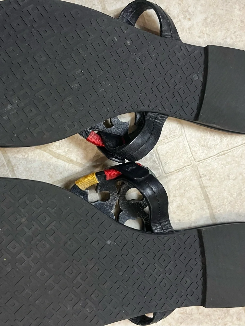 Tory Burch Black Leather Logo Thong Sandals with Red, Yellow & Green Accents